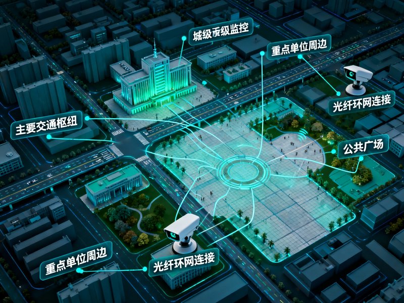 平安城市全域视讯联网平台展示图，城市级监控网络拓扑结构，标注了主要交通枢纽、公共广场、重点单位周边的监控覆盖情况及光纤环网连接示意