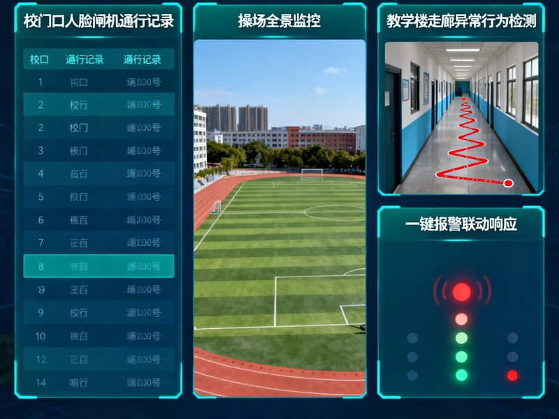 校园安防综合管理平台界面截图，展示了校门口人脸闸机通行记录、操场全景监控、教学楼走廊异常行为检测及一键报警联动响应的实时状态